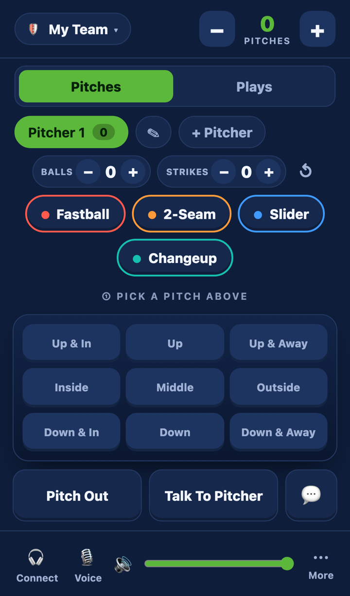 The MAVTRAX app pitch-calling screen — pick a pitch, tap the location, and the catcher hears the call instantly in a Bluetooth headset.
