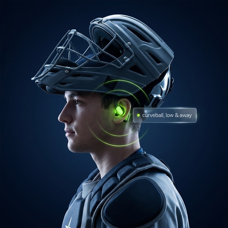 A catcher hears the call — “curveball, low and away” — in a glowing Bluetooth earpiece under the helmet.