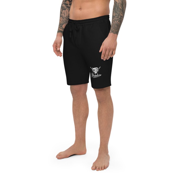 El Pistolero fleece shorts with the lockup print on the left leg